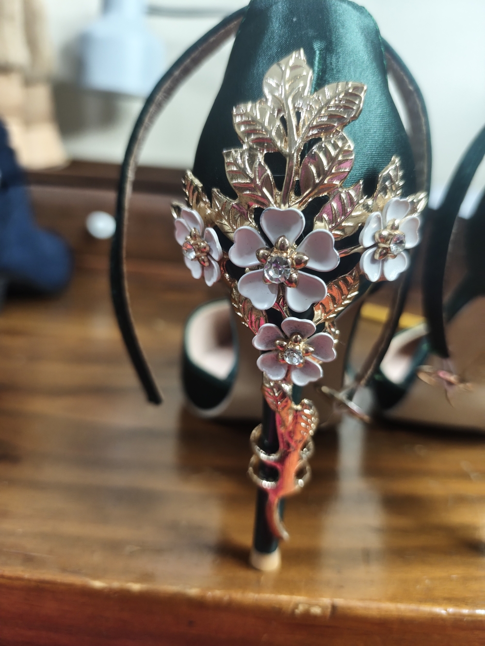 Green Floral Jewel Embellished High Heel Sandals - Women Accessories